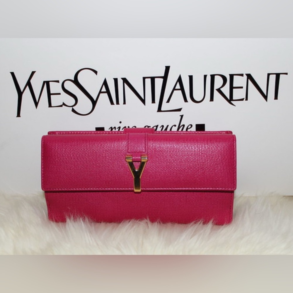 Saint Laurent Textured Calfskin Classic Y Ligne Continental Fuchsia Card Wallet - Picture 2 of 11